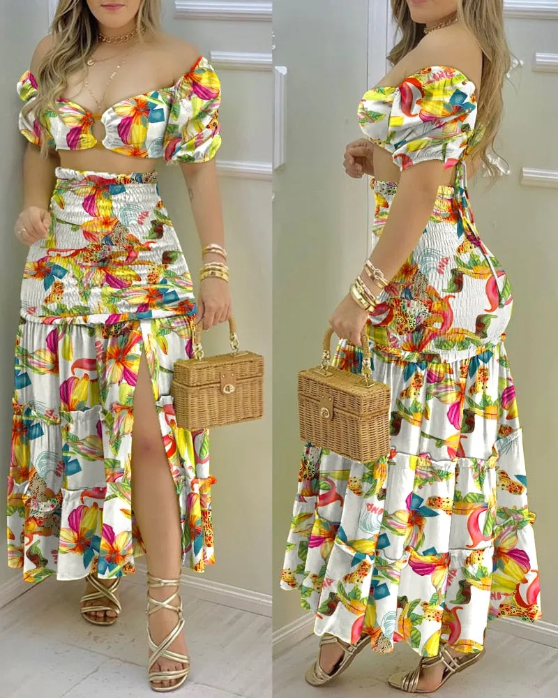 Fashionkova  2024 Summer Fashion Holiday Floral Print O Neck Crop Top Shirr  Slit High Waist Women Maxi Skirt Sets