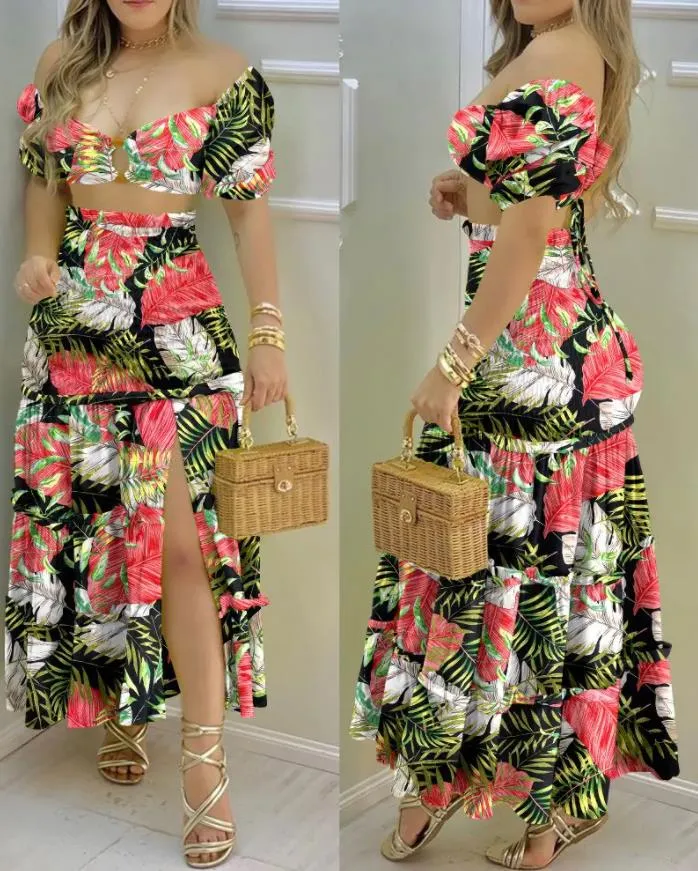 Fashionkova  2024 Summer Fashion Holiday Floral Print O Neck Crop Top Shirr  Slit High Waist Women Maxi Skirt Sets