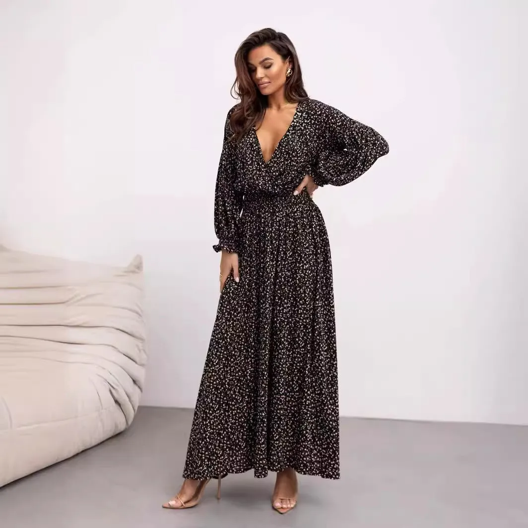 Fashionkova fall photoshoot outfits 2024 Floral Bohemian Dress Wrap V-neck Long Sleeve Split Hem A- line Elegant Maxi Dress for Women