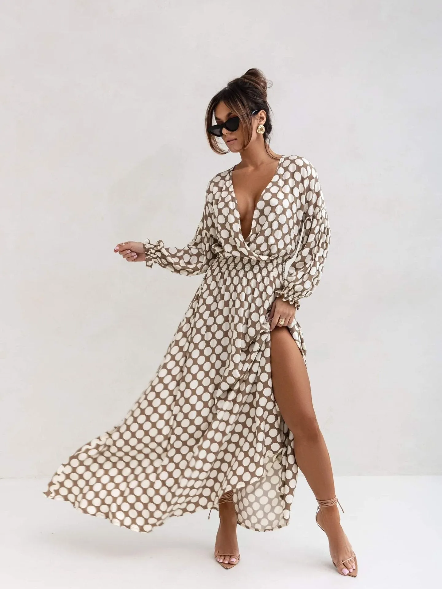 Fashionkova fall photoshoot outfits 2024 Floral Bohemian Dress Wrap V-neck Long Sleeve Split Hem A- line Elegant Maxi Dress for Women