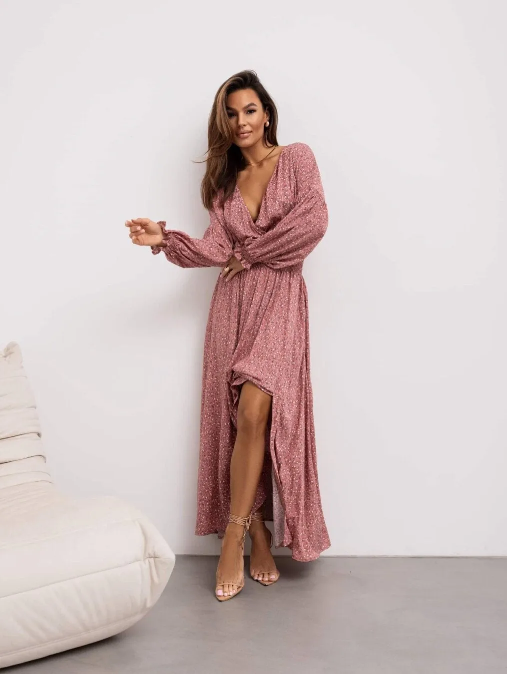 Fashionkova fall photoshoot outfits 2024 Floral Bohemian Dress Wrap V-neck Long Sleeve Split Hem A- line Elegant Maxi Dress for Women