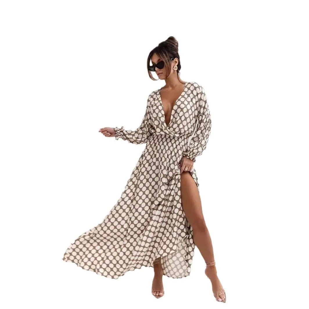 Fashionkova fall photoshoot outfits 2024 Floral Bohemian Dress Wrap V-neck Long Sleeve Split Hem A- line Elegant Maxi Dress for Women