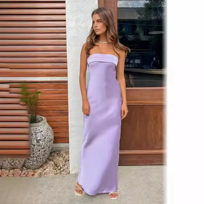 Fashionkova maxi dress Summer Women's New Solid Color Wrapped Chest Elastic Backless Knitted Satin Sexy Dress