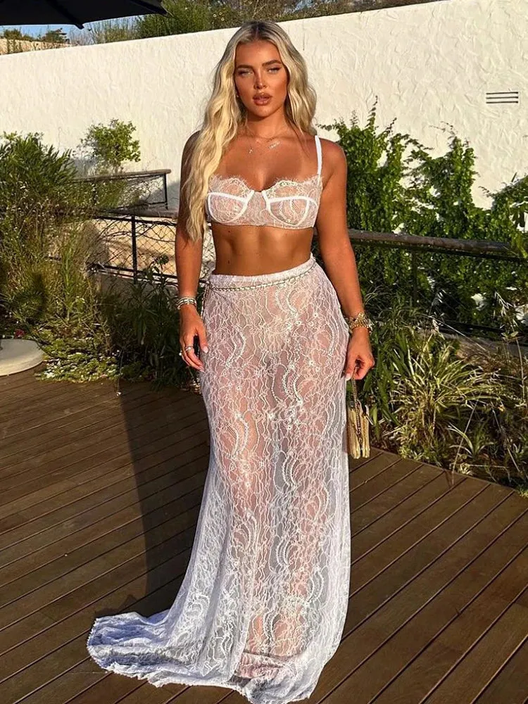 Fashionkova   See Through Lace Two Piece Skirt Sets Women Crop Top And Maxi Skirt Sets Elegant Party Beach Sexy Two Piece Set