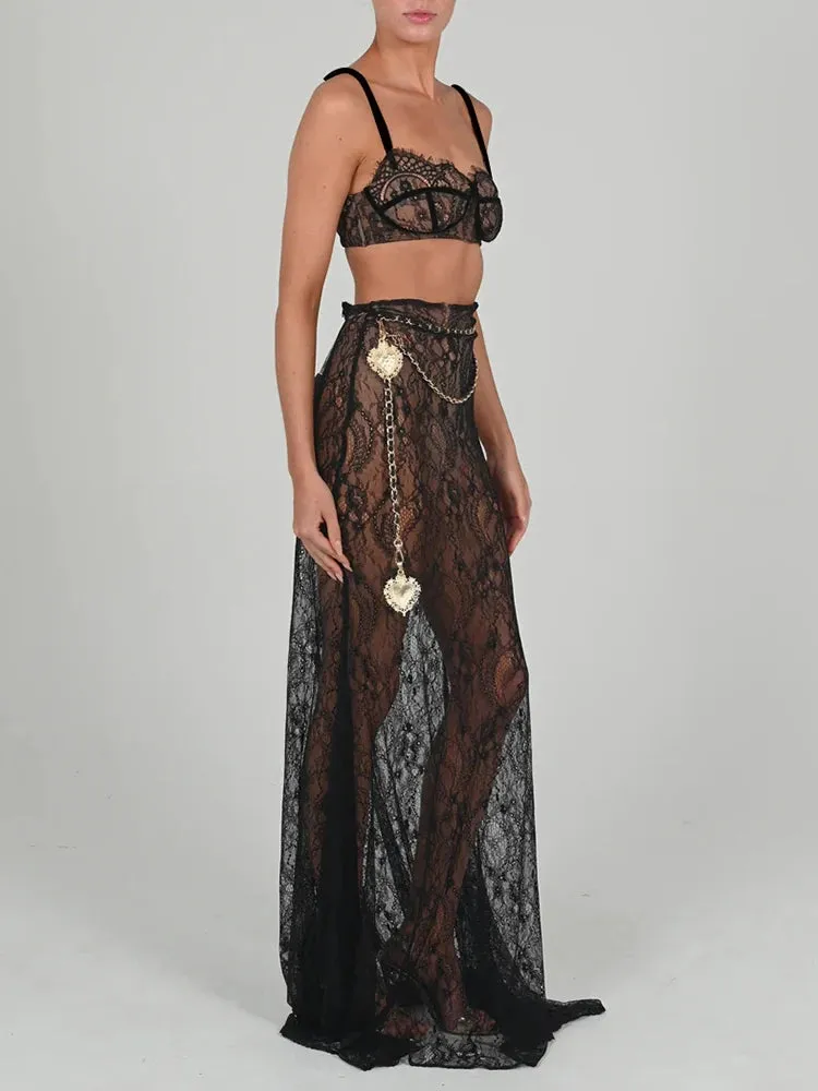 Fashionkova   See Through Lace Two Piece Skirt Sets Women Crop Top And Maxi Skirt Sets Elegant Party Beach Sexy Two Piece Set