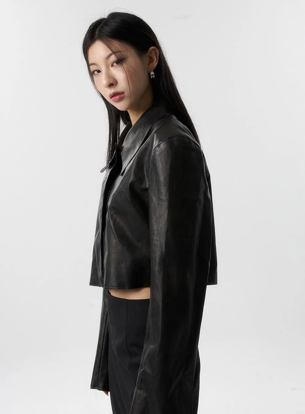 Faux Leather Crop Jacket IS315