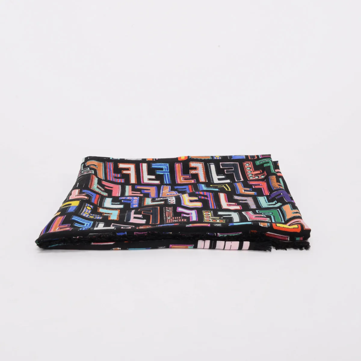 Fendi Black Silk Multicolour FF Fringed Scarf 90