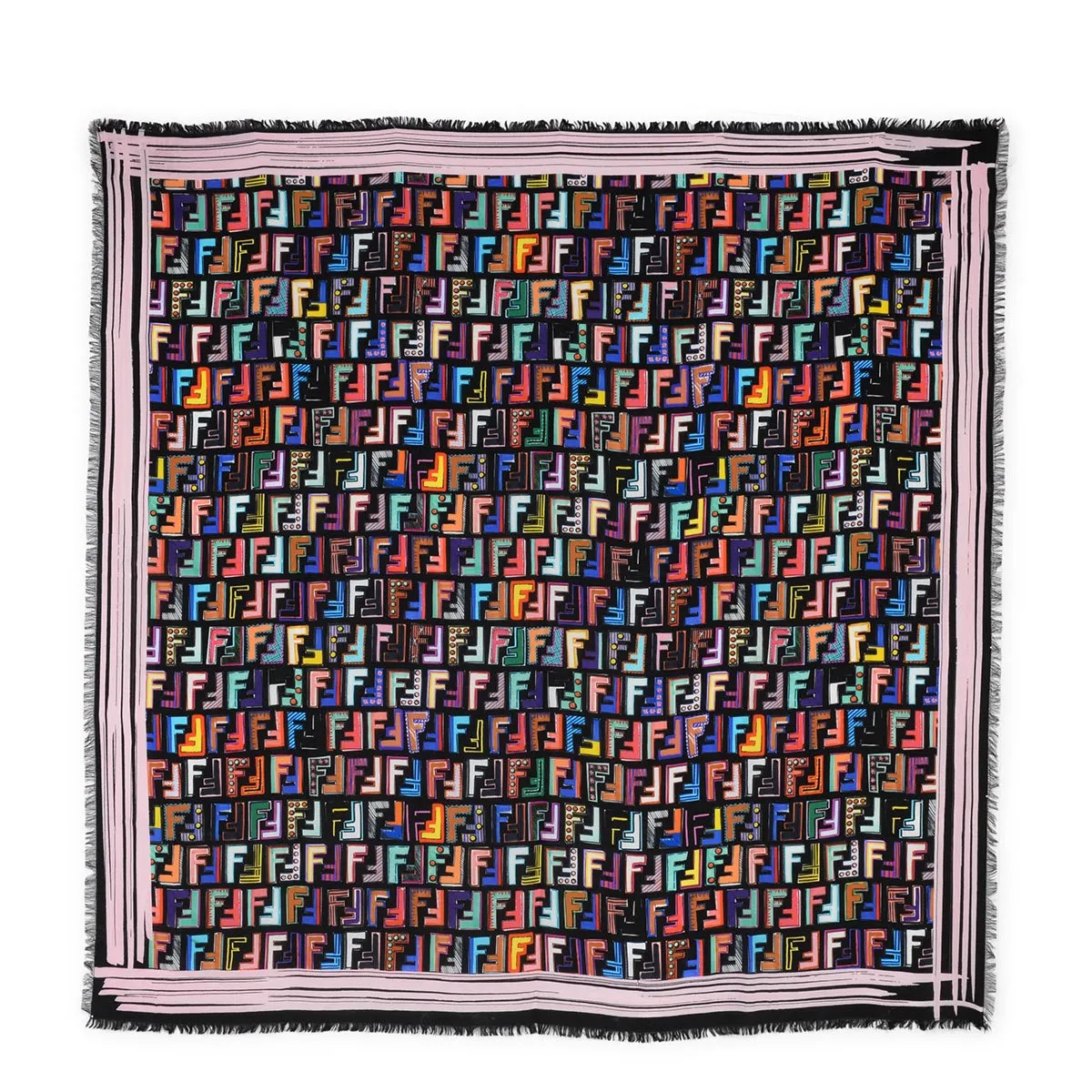 Fendi Black Silk Multicolour FF Fringed Scarf 90