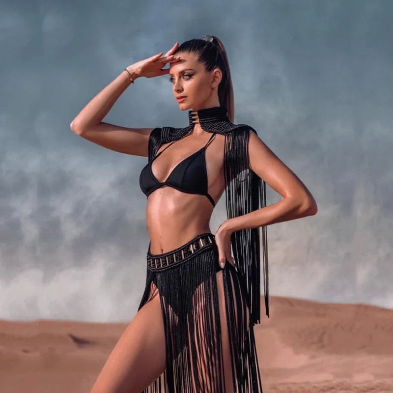 Festival Muse Costume Crochet Choker Shoulder Piece & Maxi Skirt Long Fringe 4 Colors To Choose From Or Choose Epic String Front Top One Size Coachella Lollapalooza Bonnaroo