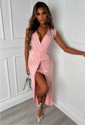 Flavie Pink Diamante Twist Front Mini Maxi Dress