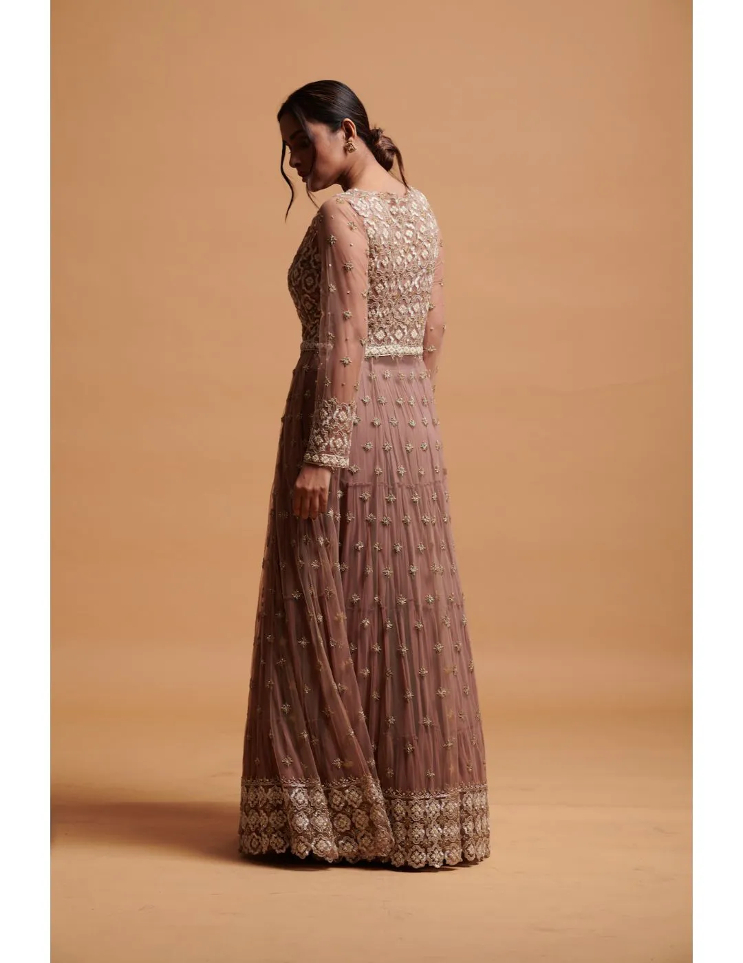 Floor Length Chestnut Coloured Gown With Net Jacket & Georgette Skirt