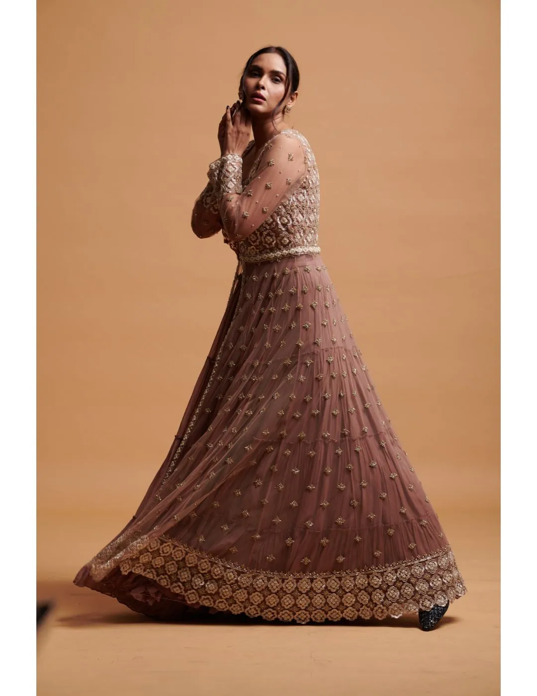 Floor Length Chestnut Coloured Gown With Net Jacket & Georgette Skirt