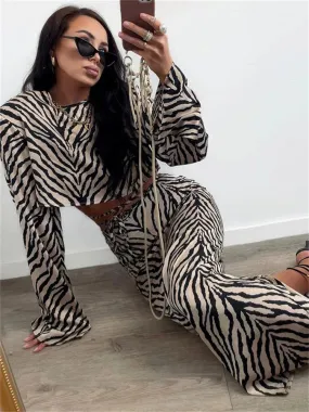 Flytonn Zebra Printed 2 Piece-Set Long Skirt For Women Striped Lace-Up Cropped Top And High Waist Fashion Maxi Skirt Outfits 2024