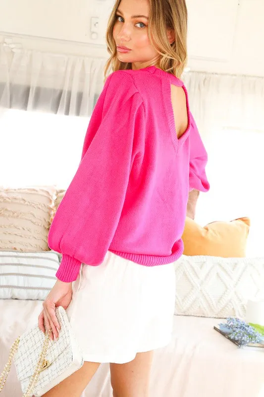 Fuchsia Long Sleeve With Pin Tuck Detail Cut Out Back Sweater Top