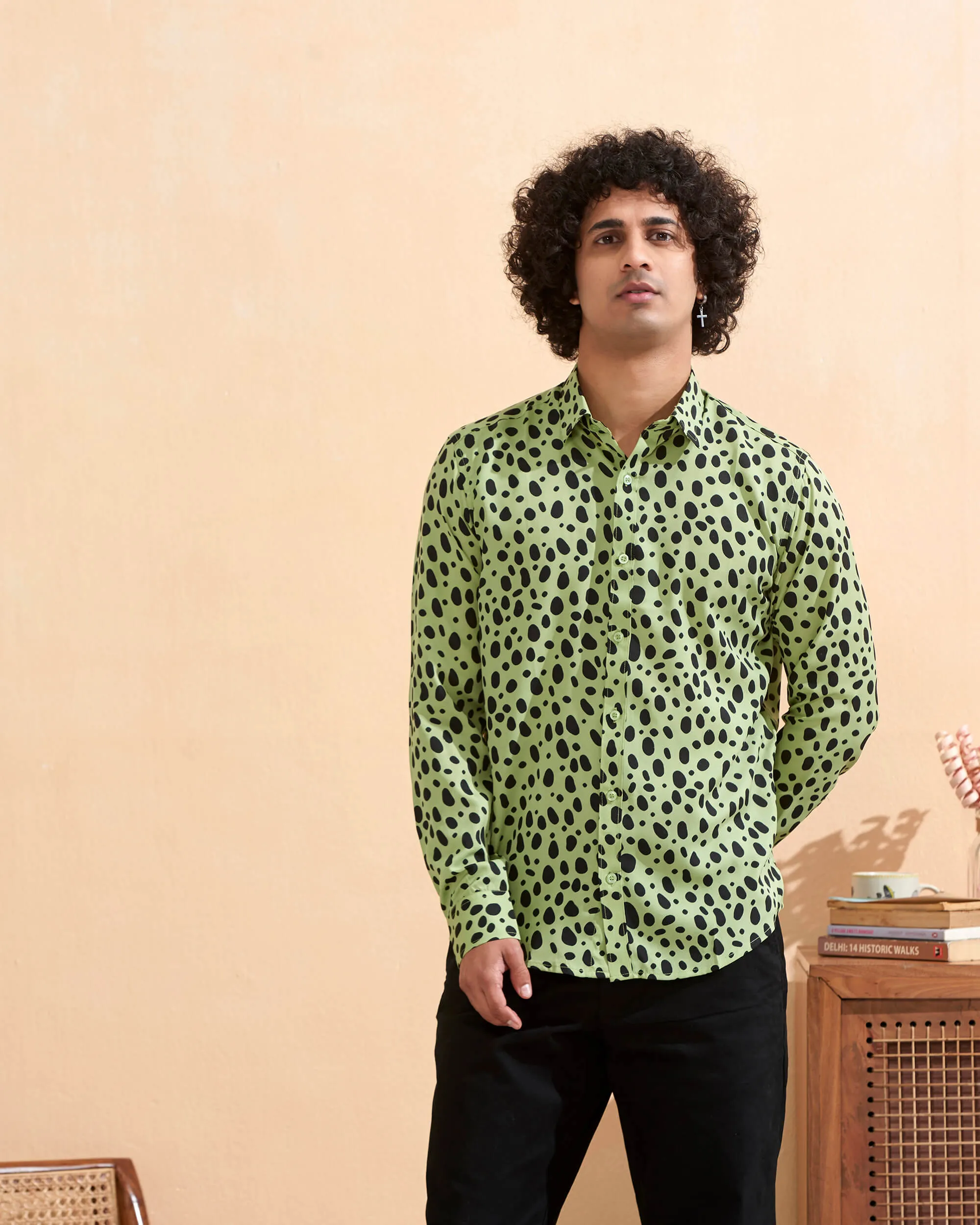 Full Sleeves Light Green Crepe Casual Printed Men's Shirt