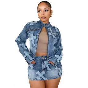 Girlary Denim 2 Piece Set Women 2024 Spring Dashiki African Pocket Skirt Sets High Waist Skirt Mujer Matching Sets Denim Jacket Outfit