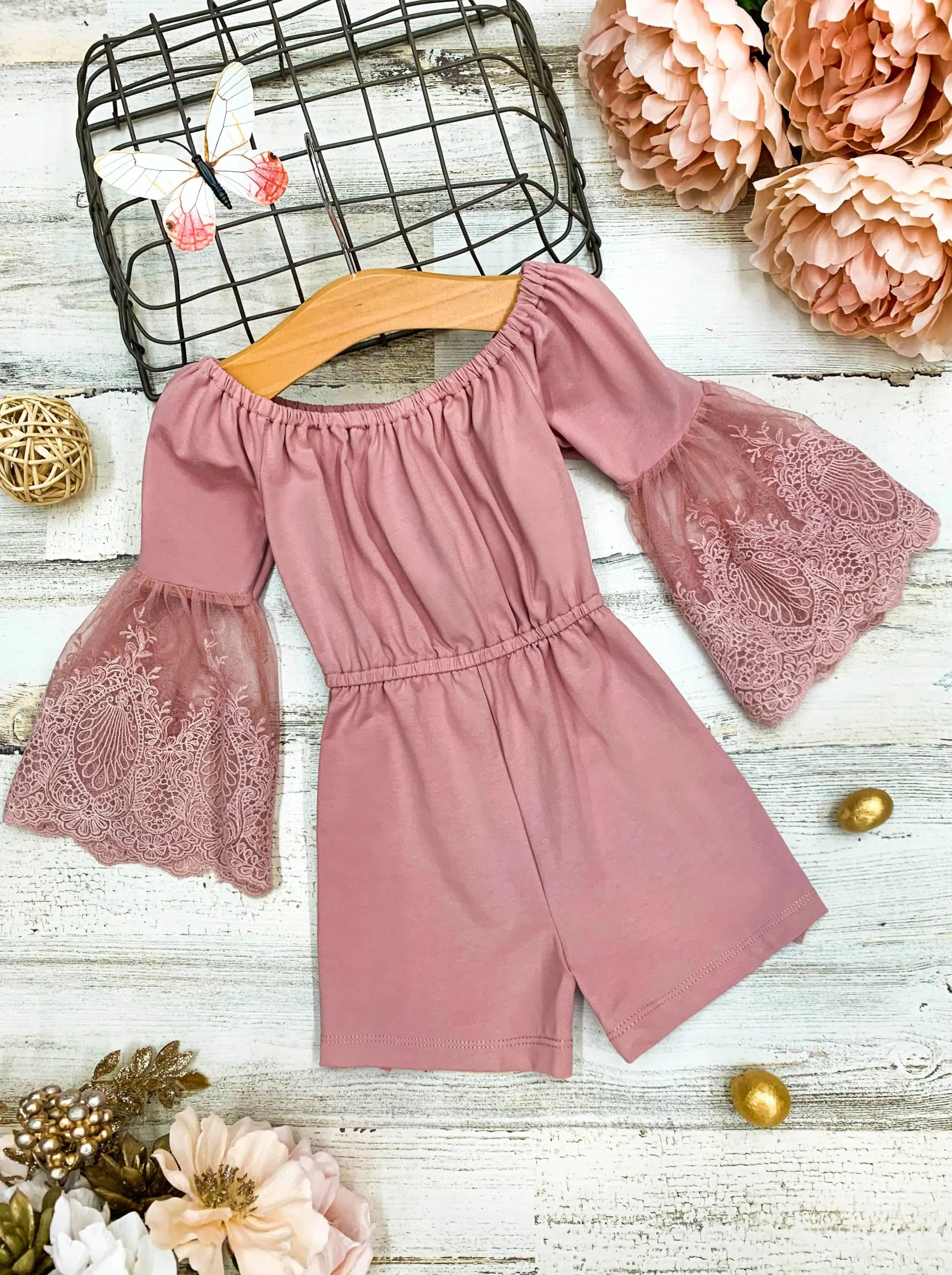 Girls Boho Lace Sleeve Romper