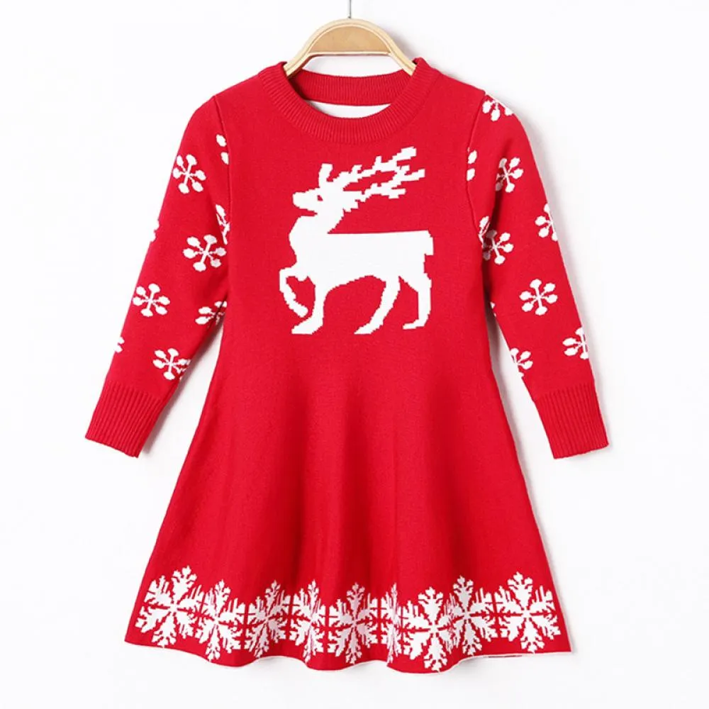 Girls Dress Christmas Sweater Fawn Jacquard Dress Wholesale