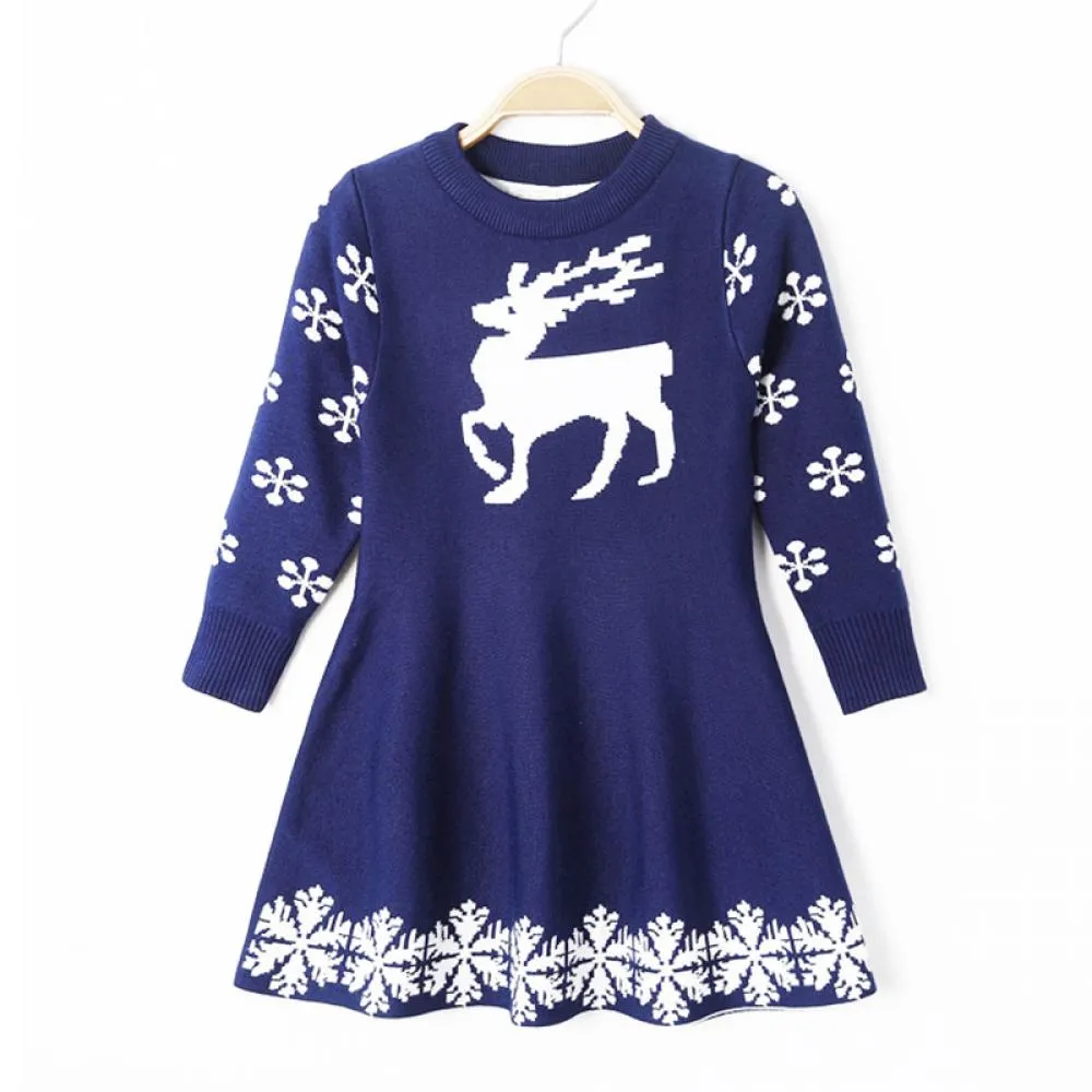 Girls Dress Christmas Sweater Fawn Jacquard Dress Wholesale