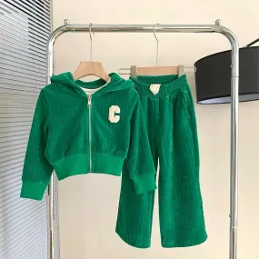 Girls Solid Green Zipper Tracksuit