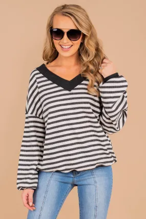 Give Me Love Charcoal Gray Striped Waffle Sweater