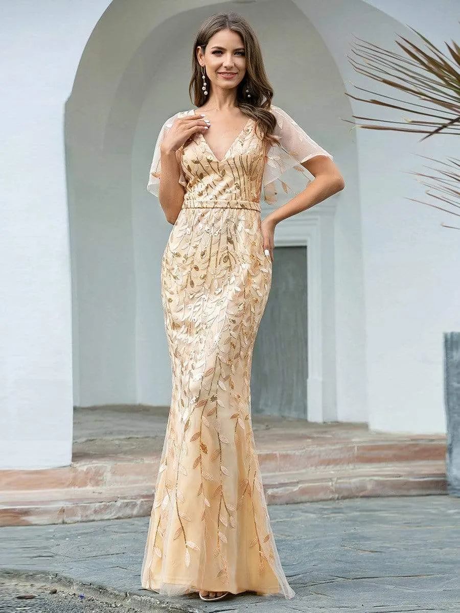 Gorgeous V Neck Leaf-Sequined Fishtail Party Dress