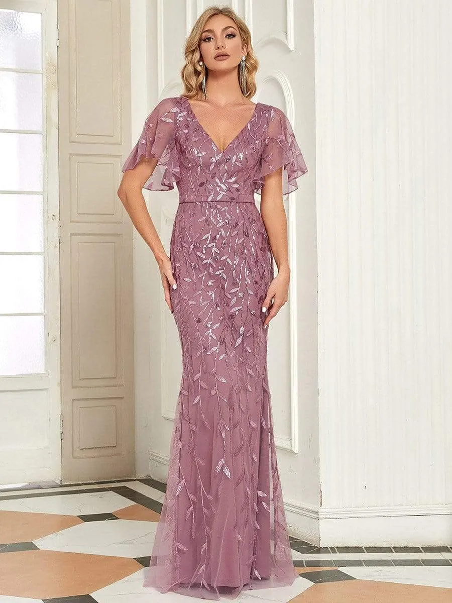 Gorgeous V Neck Leaf-Sequined Fishtail Party Dress