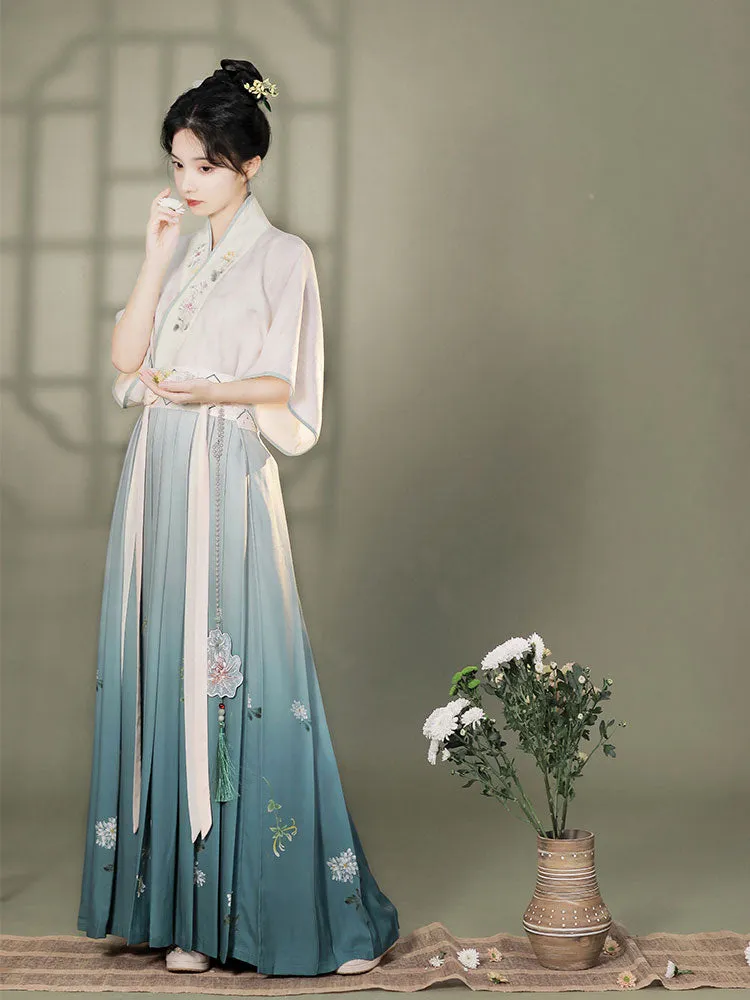 Graceful Vintage Ombre Blue Embroidered Flower Modern Hanfu Skirt Inspired by the Song Dynasty