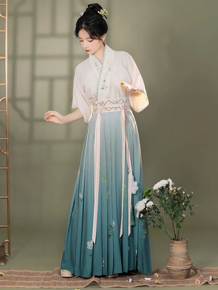 Graceful Vintage Ombre Blue Embroidered Flower Modern Hanfu Skirt Inspired by the Song Dynasty