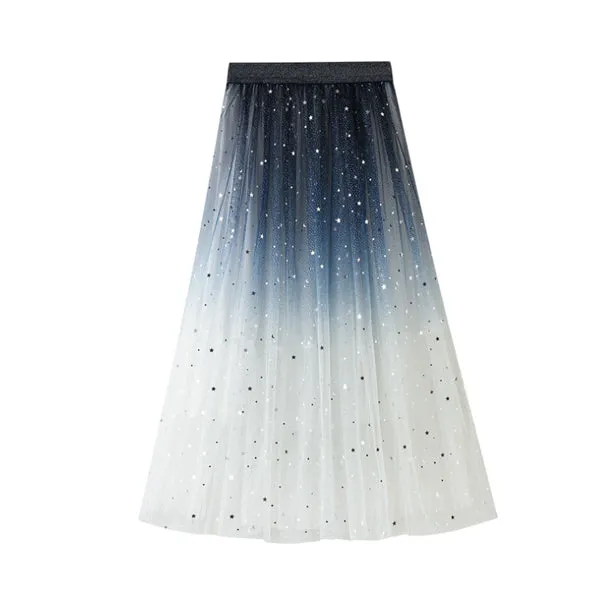 Gradient Star Sequined Mesh Maxi Skirt 漸變色星星亮片網紗半身長裙 (KCCLSP2115)