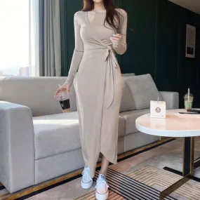 Graduation Gifts  Korea 2022 Autumn Winter New Body Feminine Irregular Side Bandage Slim Sexy Split Dress Maxi Long Dresses  S8HD