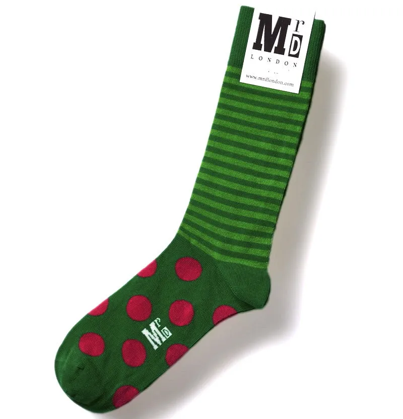 Green/Fuchsia Spots/Stripes Mens Socks