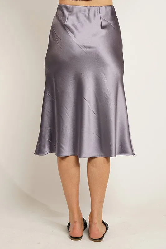 Grey Satin Solid Midi Mermaid Skirt With Hidden Zipper