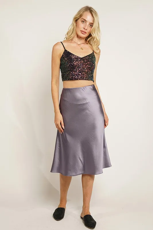 Grey Satin Solid Midi Mermaid Skirt With Hidden Zipper