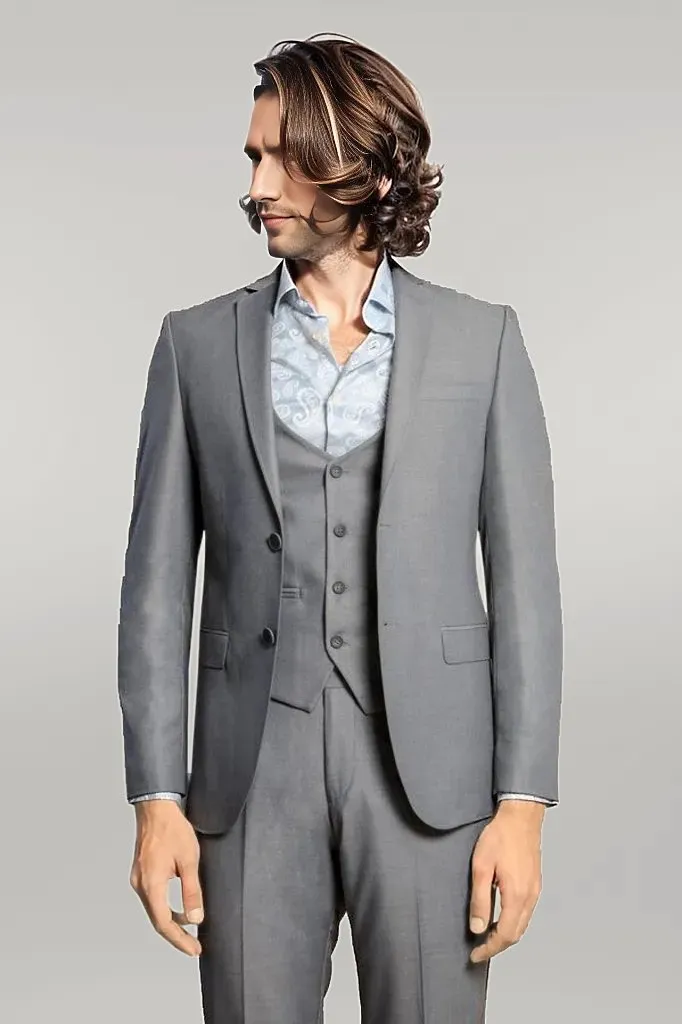 Grey Slim Fit Men's Suit with Vest | Wessi