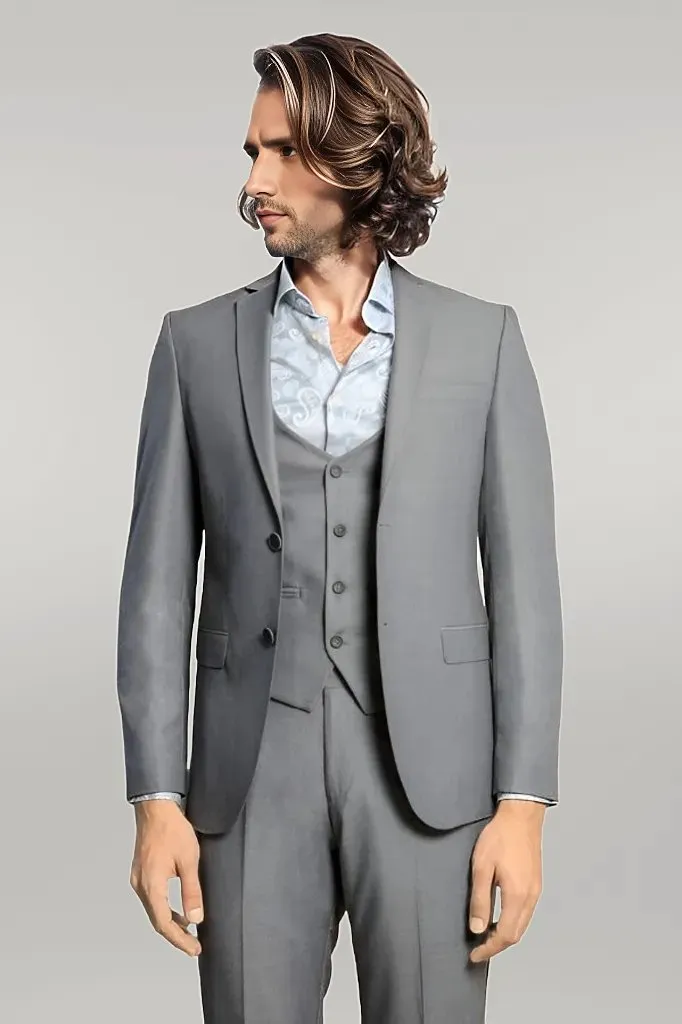 Grey Slim Fit Men's Suit with Vest | Wessi