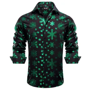 Hi-Tie Black Shirt Green Snowflake Men's Long Sleeve Shirt Christmas