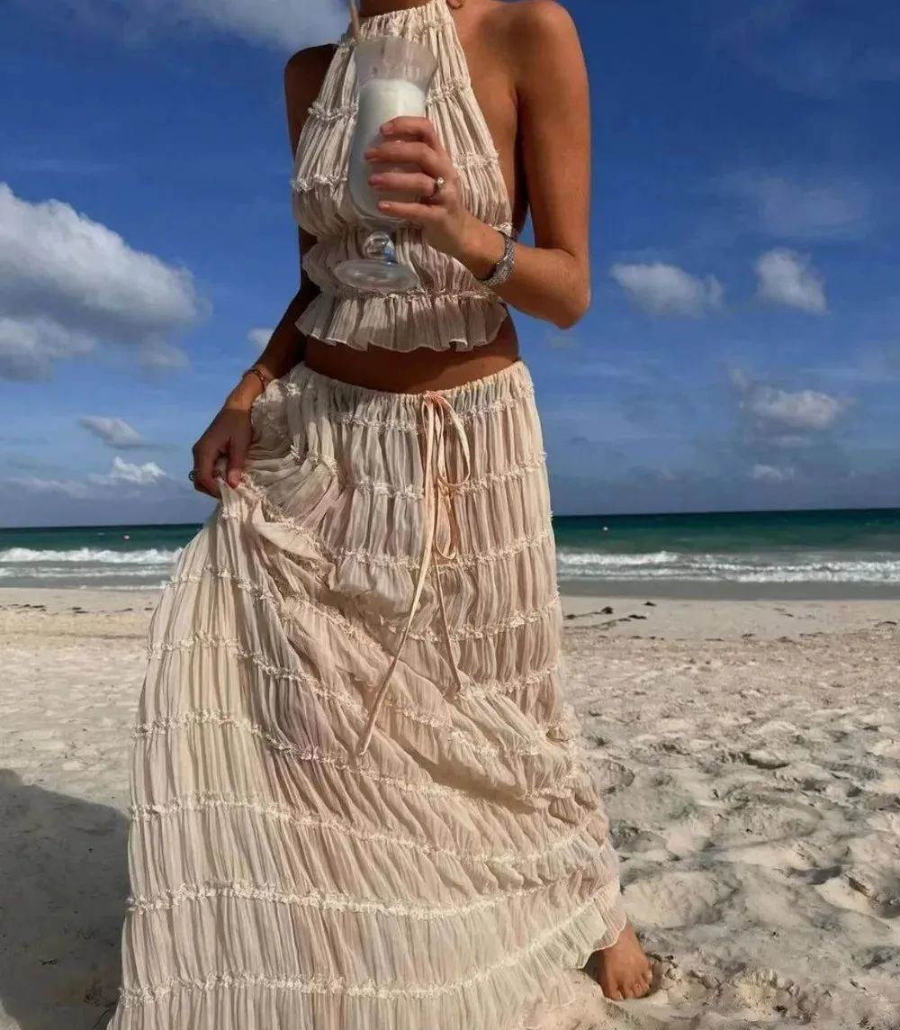 Ivory Long Skirt Set Women Fashion Folds Halter Top and Maxi Skirt Outfits Summer Sexy Backless Beach Holiday 2 Piece Set