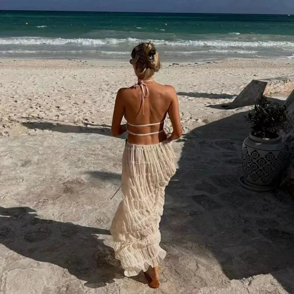 Ivory Long Skirt Set Women Fashion Folds Halter Top and Maxi Skirt Outfits Summer Sexy Backless Beach Holiday 2 Piece Set