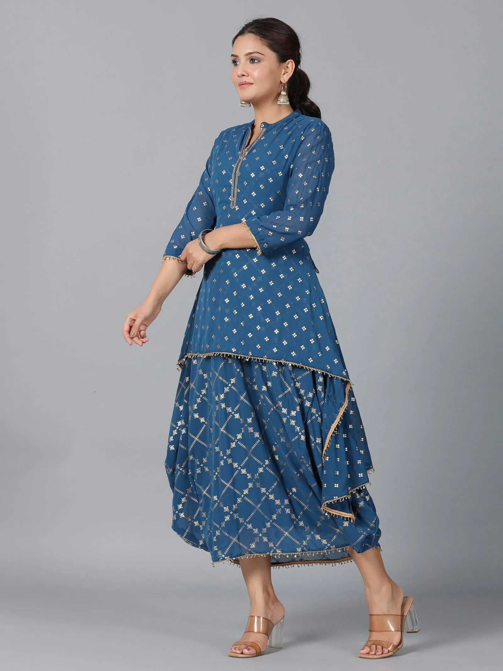 Jashvi  Indigo Ethnic Motif Printed Georgette Draped Maxi Dress With Sequins