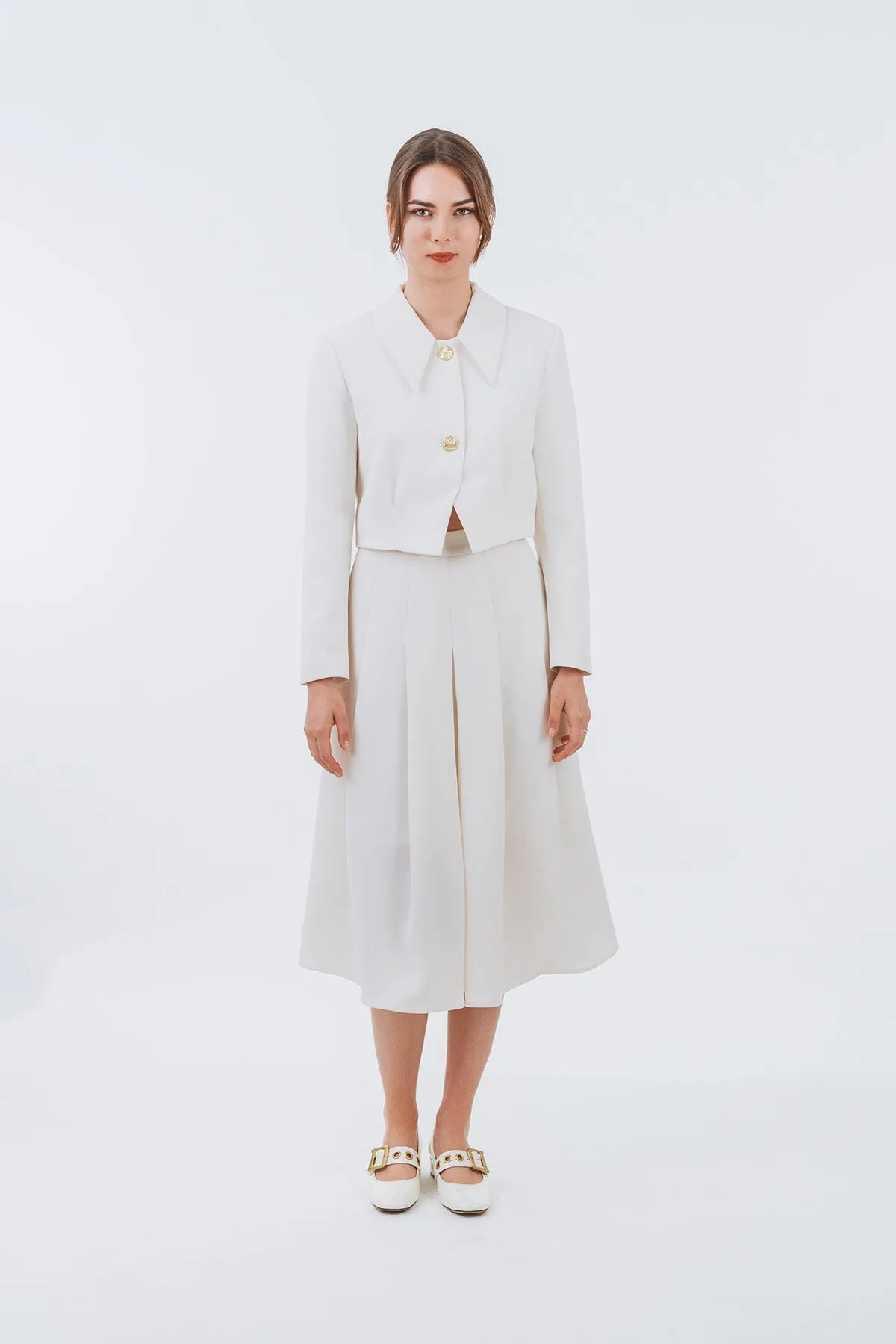 Jayneuss Cropped Long Sleeve Jacket and Midi Pleated Skirt Set