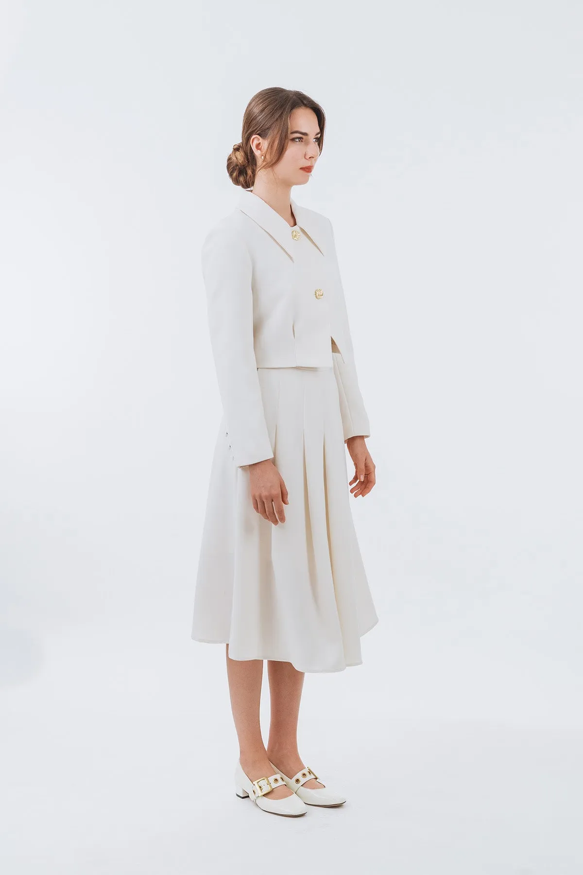 Jayneuss Cropped Long Sleeve Jacket and Midi Pleated Skirt Set