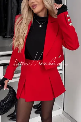 Katthia Gold Button Lapel Crop Blazer and Mid-rise Pleated Mini Skort Set