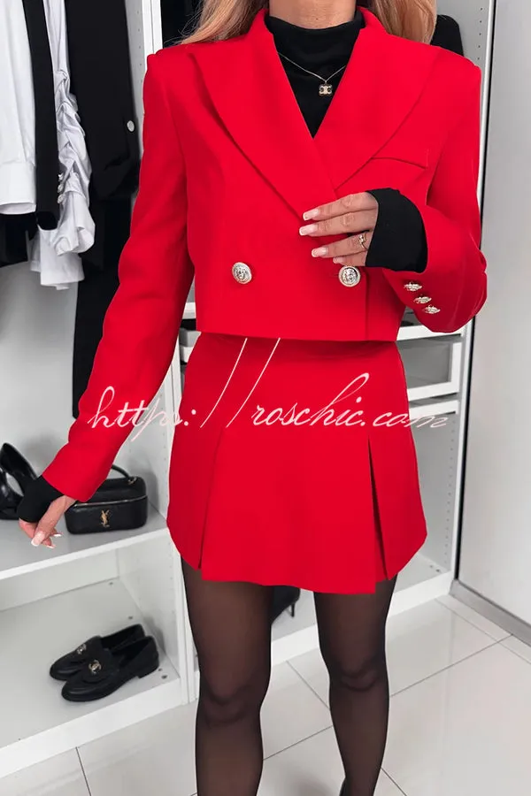 Katthia Gold Button Lapel Crop Blazer and Mid-rise Pleated Mini Skort Set