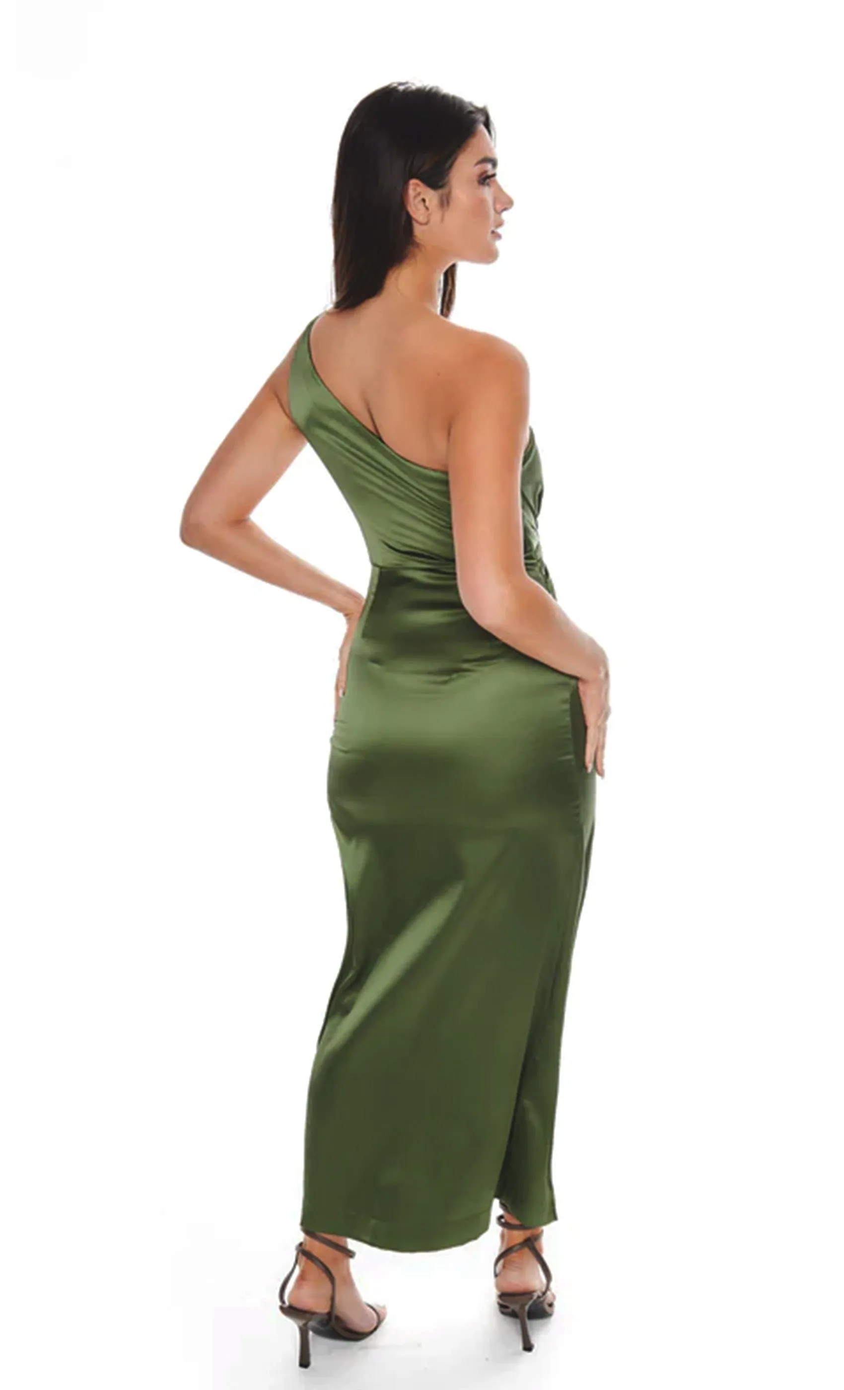 Khaki Satin One Shoulder Ring Dress