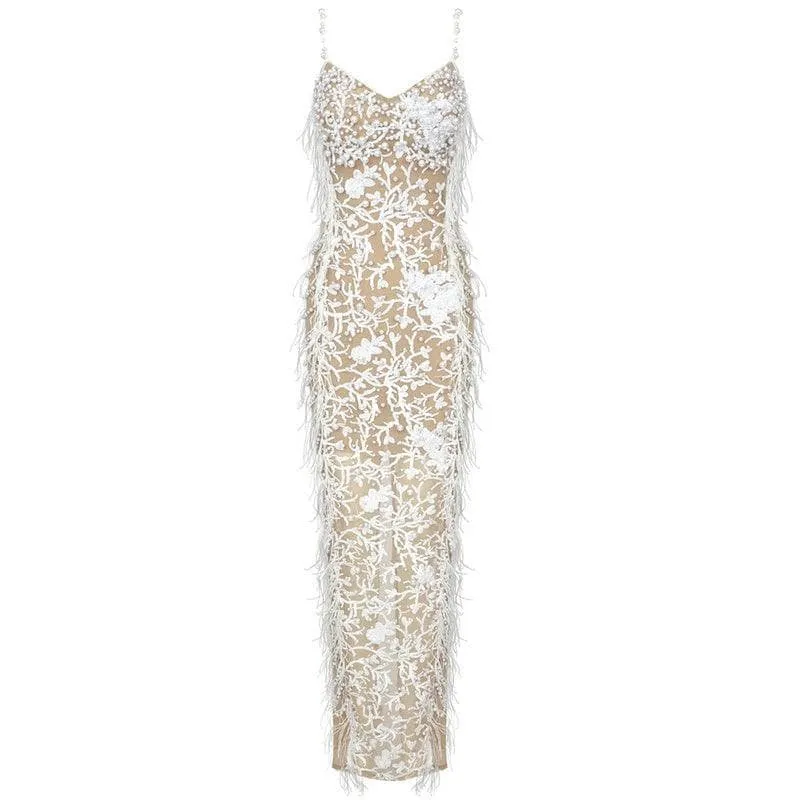 KittenAlarm - Alivia Pearl Studded Feather Mesh Sequined Maxi Dress