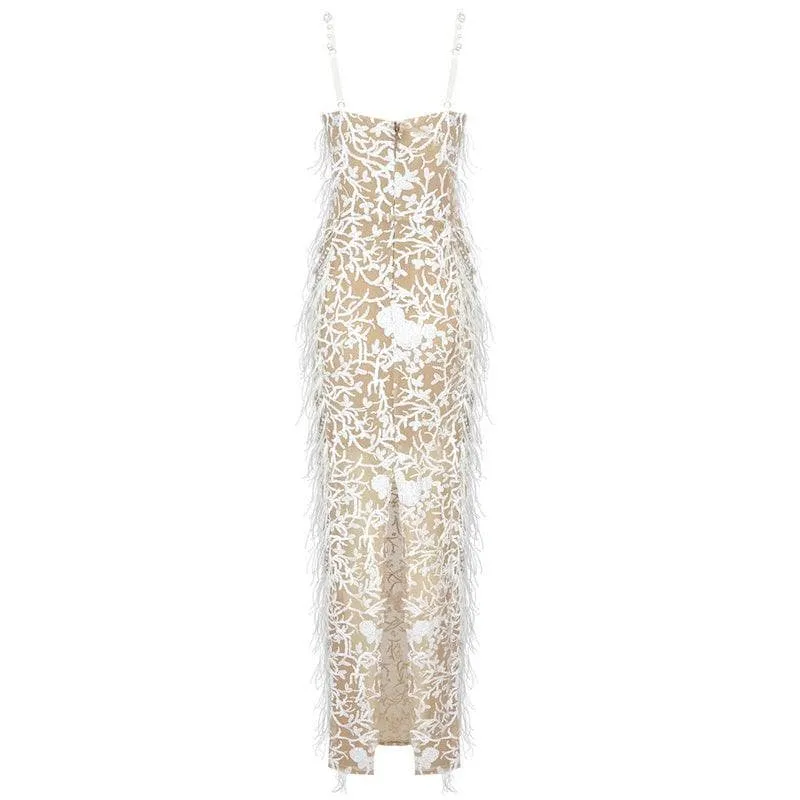 KittenAlarm - Alivia Pearl Studded Feather Mesh Sequined Maxi Dress