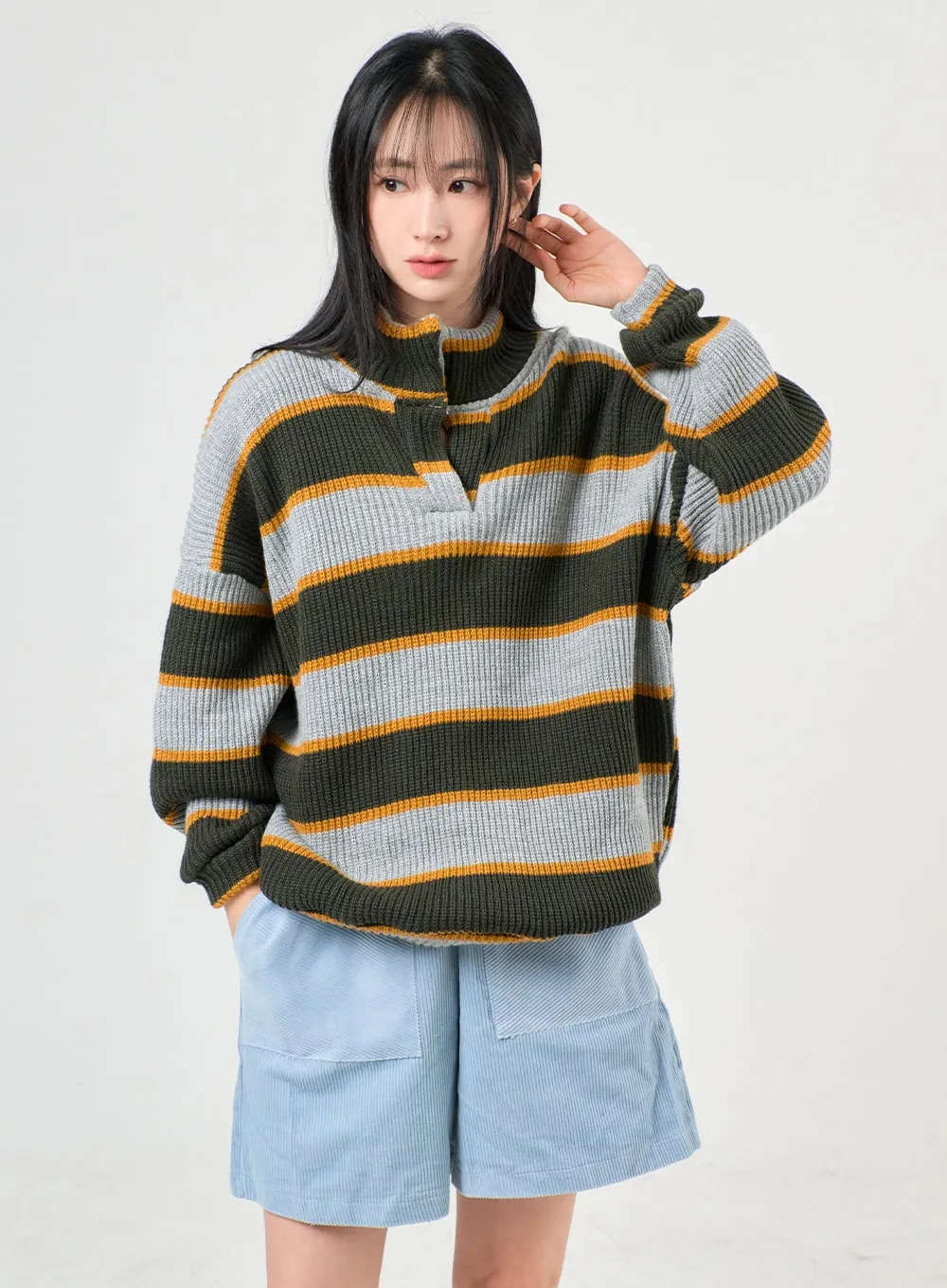 Knit High Neck Striped Button Long Sleeve Top OF405