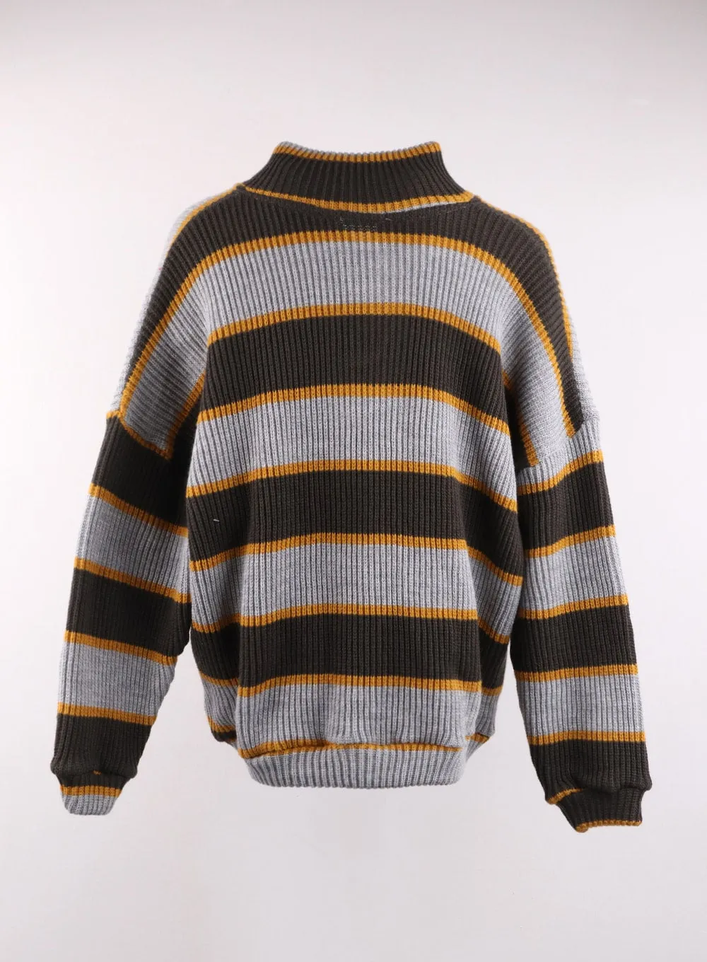 Knit High Neck Striped Button Long Sleeve Top OF405