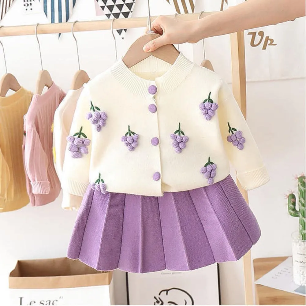 Knitted Sweater Dress Girls Fruit Handmade Flower Two Piece Dress Wholesale Girls Clothes